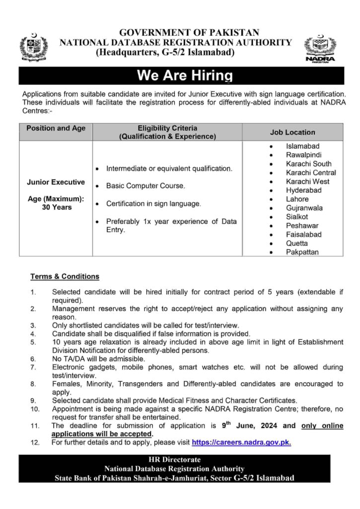 Latest Junior Executive Job Vacancies, NADRA New Advertisement 2024