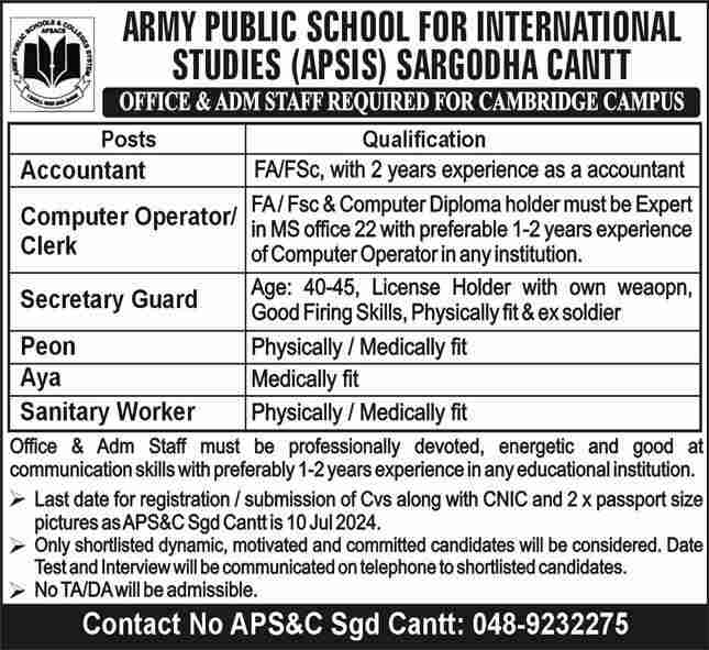 Army Public School For International Studies- APSIS Sargodha July 2024 Advertisement - Teaching and non-teaching vacancies