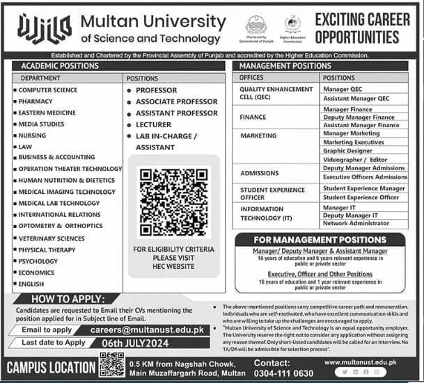 Latest Multan University of Science and Technology Jobs June Advertisement 2024