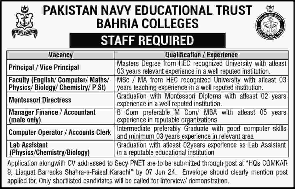 Latest Pakistan Navy Educational Trust Bahria Colleges Jobs June advertisement 2024