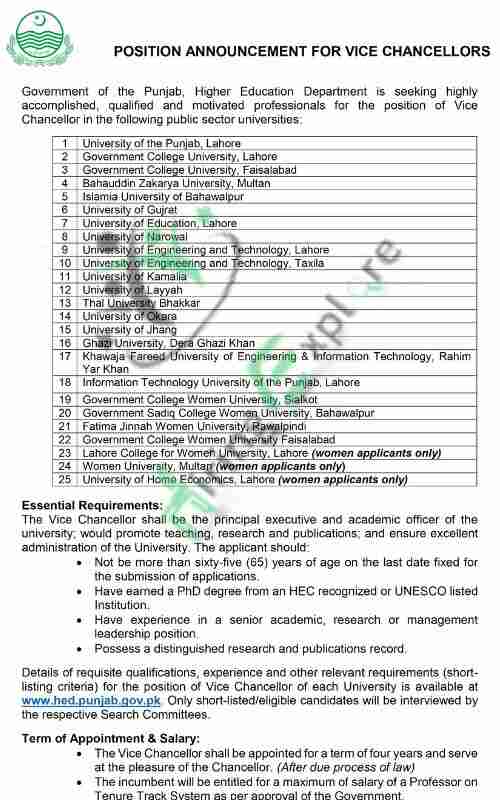 Latest Punjab Higher Education Department Vice Chancellor Jobs June 2024 Advertisement