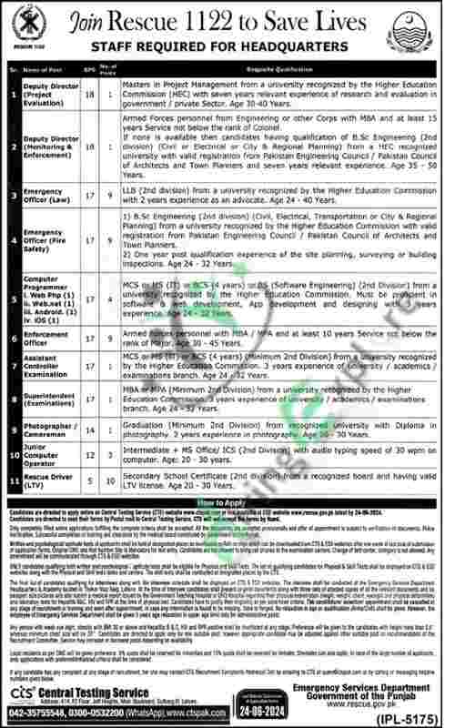 Latest Punjab Emergency Service Rescue 1122 Jobs Lahore New Advertisement