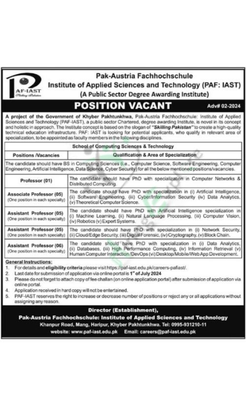 Advertisement for latest Vacant Faculty Position At PAF Institute of Applied Sciences And Technology June 2024