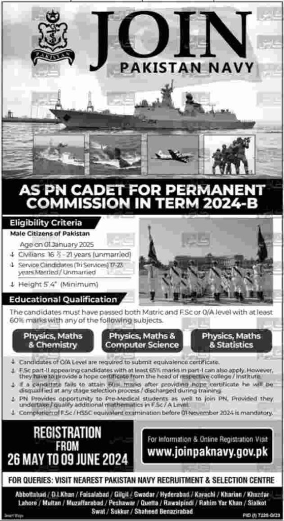 Pakistan Navy PN Cadet and Commissioned Officer Jobs 2024 June Advertisement 