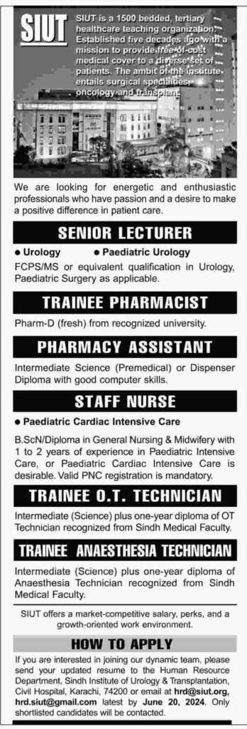 Latest  Sindh Institute of Urology and Transplantation SIUT Karachi jobs Advertisement 2024