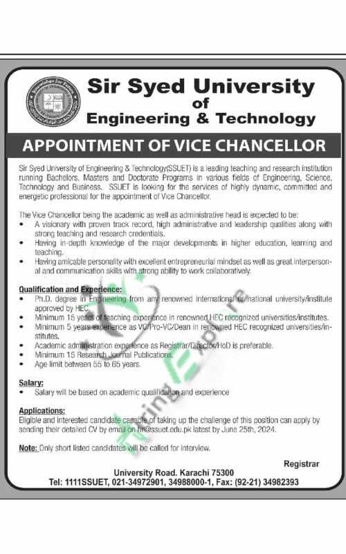 Sir Syed University of Engineering and Technology SSUET Karachi Jobs