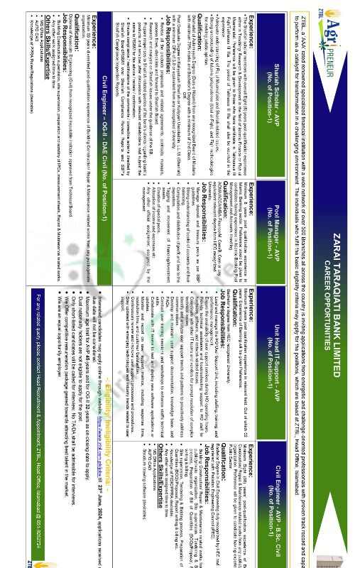 Zarai Taraqiati Bank Limited ZTBL Jobs Islamabad June advertisement 2024