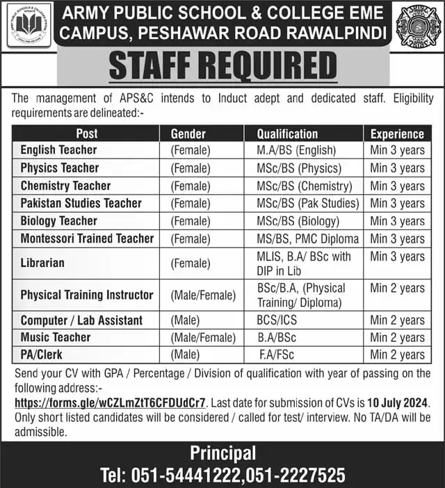  Army Public School EME Campus Rawalpindi Jobs advertisement july 2024,  Teaching and non teaching staff jobs in APS&C 