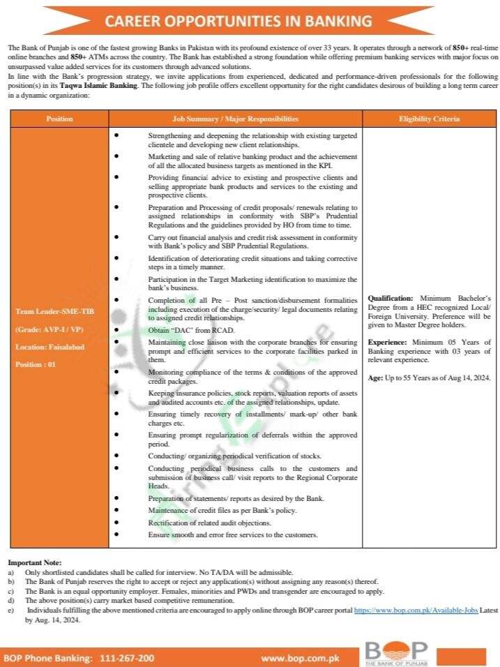 New Bank of Punjab Faisalabad Job August Advertisement 2024