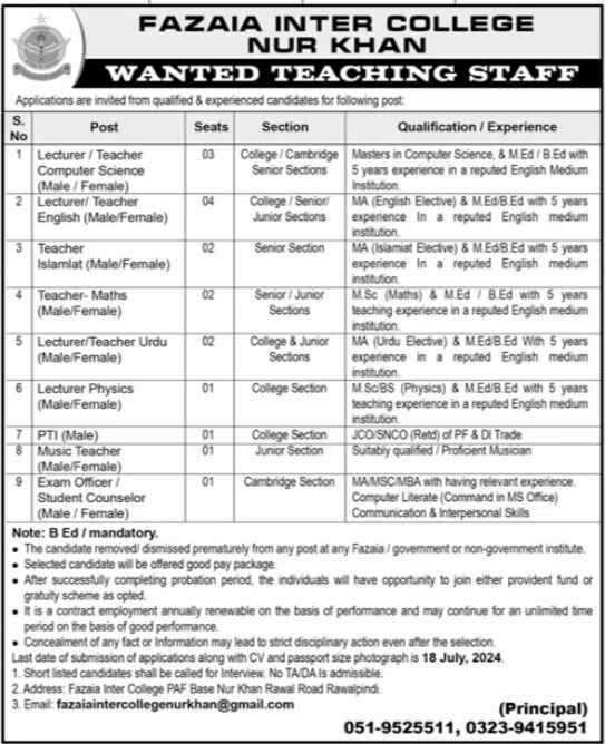 Fazaia Inter College Nur khan Rawalpindi Jobs Education and Management Jobs 2024