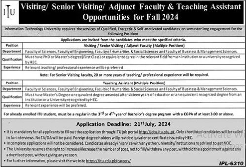 Information Technology University ITU Jobs Lahore July Advertisement 2024