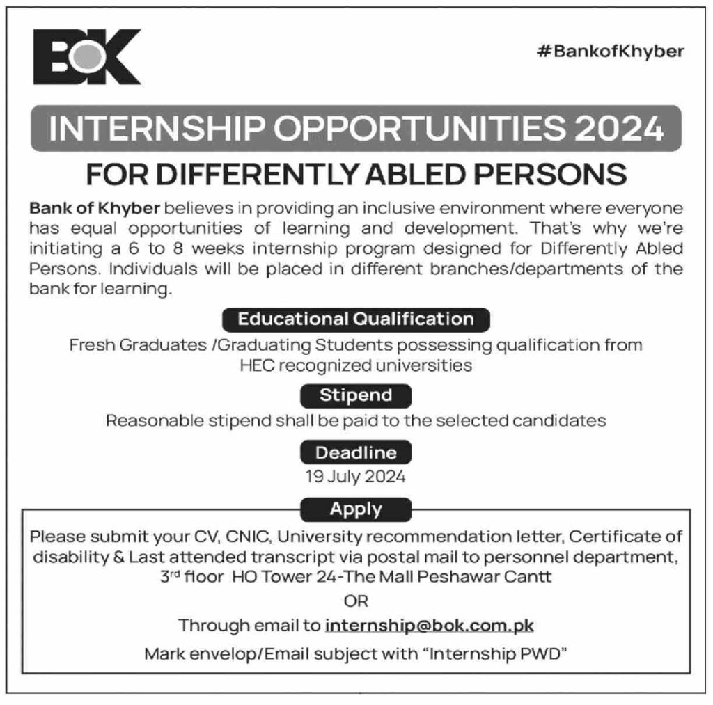 Latest Bank of Khyber BOK Jobs Peshawar Internship Management Posts 2024