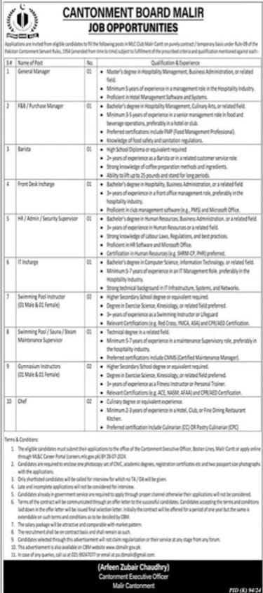 Latest Cantonment Board Jobs Advertisement Malir, Karachi 2024