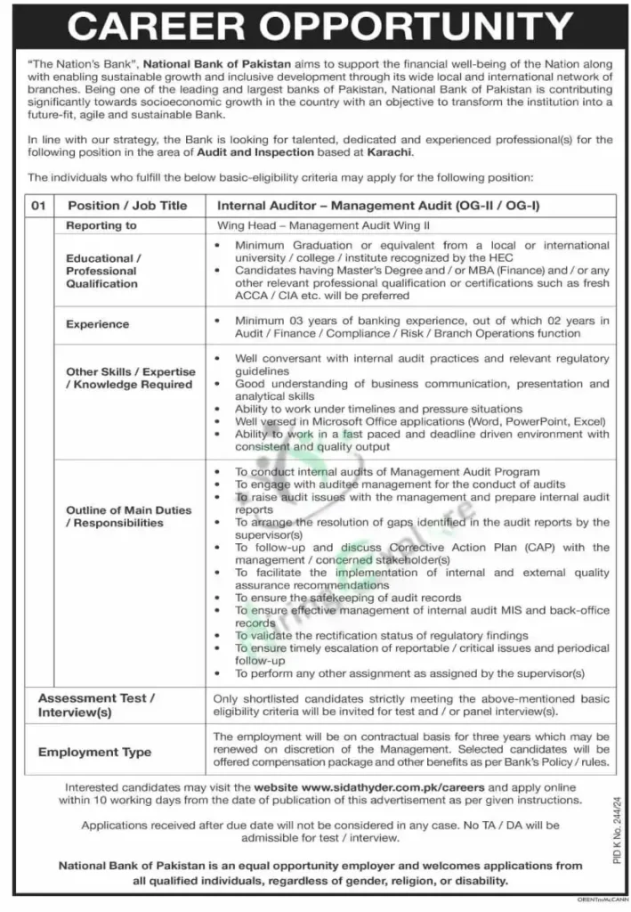 NBP National Bank Of Pakistan Karachi Jobs July/August Advertisement 2024