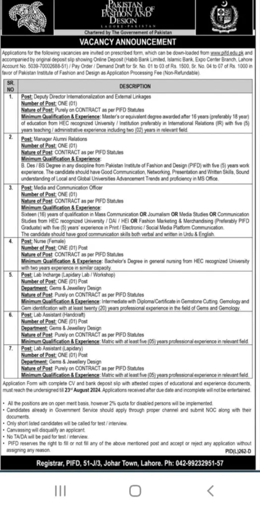 Pakistan Institute of Fashion and Design PIFD Lahore Jobs August 2024 Advertisement