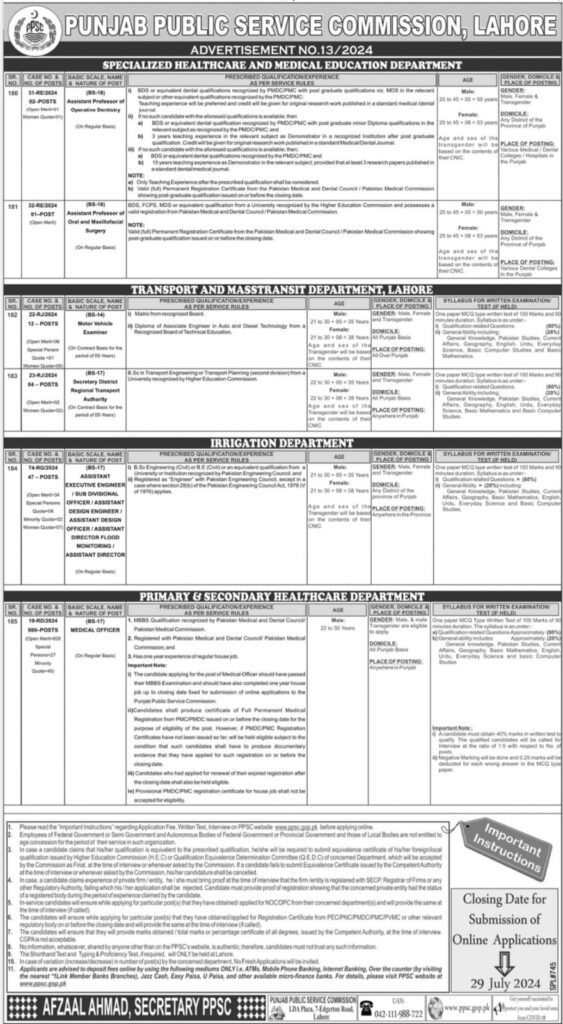 Latest Punjab Public Service Commission PPSC Jobs July advertisement No. 13/2024 Lahore