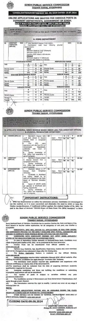 Recent SPSC Sindh Public Service Commission Jobs advertisement No. 06/2024