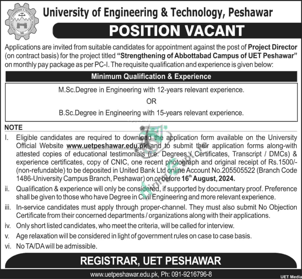 Latest UET University of Engineering and Technology Peshawar Jobs Advertisement 2024