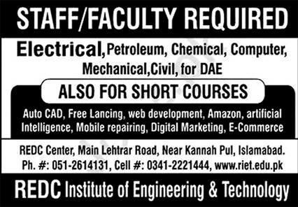 REDC Institute of Engineering & Technology Education Jobs in Islamabad August Adverisement 2024