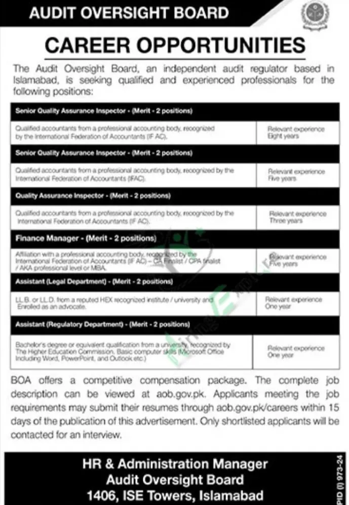 Audit Oversight Board AOB August Jobs Advertisement 2024