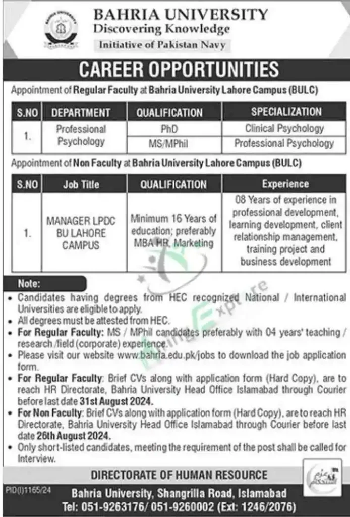 Job Vacancies at Bahria University Lahore Campus (BULC) August Advertisement 2024