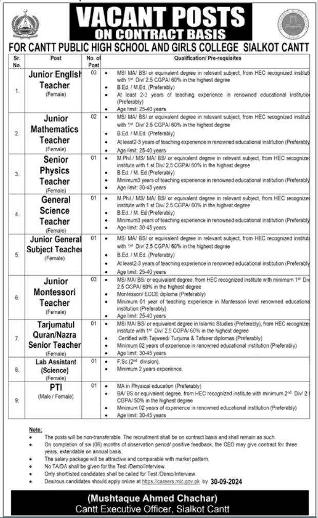 Cantt Public High School and Girls College Jobs in Sialkot September Advertisement 2024- Teaching Jobs