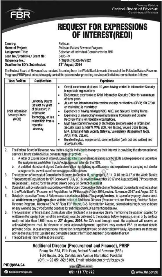 New Federal Board of Revenue Security Officer Jobs Islamabad August Advertisement 2024