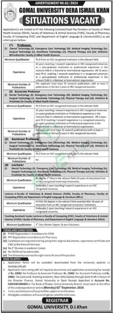 Recent Gomal University DI Khan Jobs August Advertisement 2024