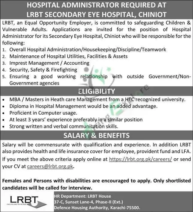 LRBT Eye Hospital Chiniot Administrator Jobs August Advertisement 2024