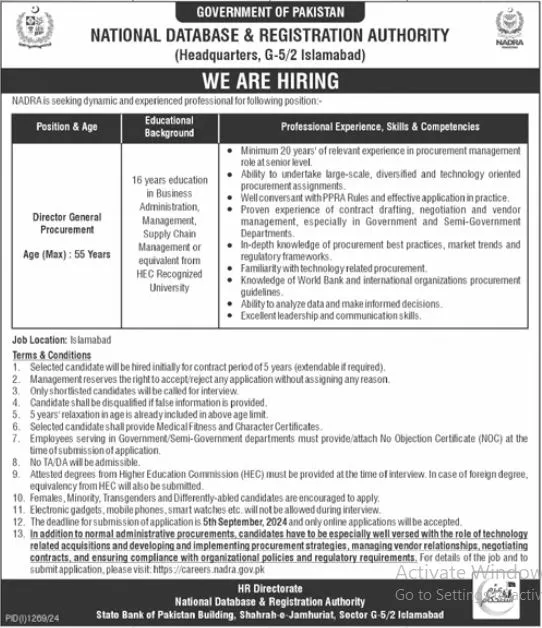 Latest Director National Database & Registration Authority NADRA Jobs in Islamabad August Advertisement 2024