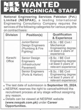 National Engineering Services Pakistan NESPAK Jobs In Karachi August Advertisement 2024