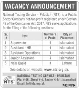 National Testing Service NTS Jobs Islamabad advertisement 2024