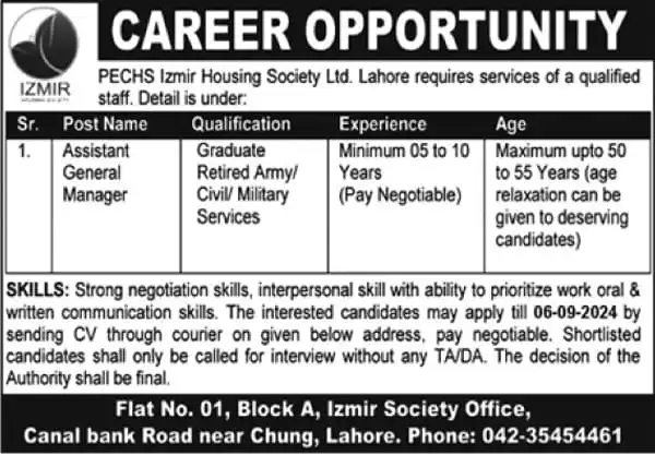 PECHS Izmir Housing Society Lahore September 2024 Advertisement