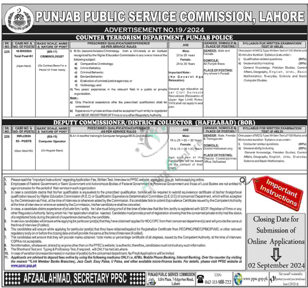 Punjab Public Service Commission PPSC Advertisement 19 2024