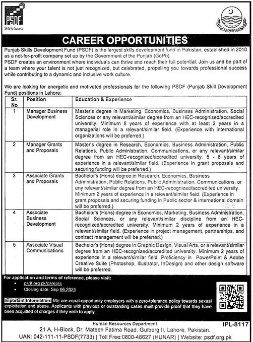 Punjab Skills Development Fund PSDF Jobs in Lahore September 2024 Advertisement