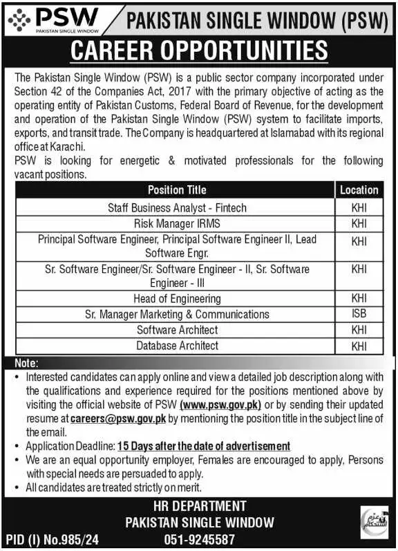 New Pakistan Single Window PSW Jobs August Advertisement 2024