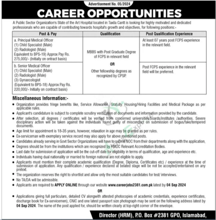 Public Sector Hospital Medical Jobs in Islamabad August Advertisement 2024