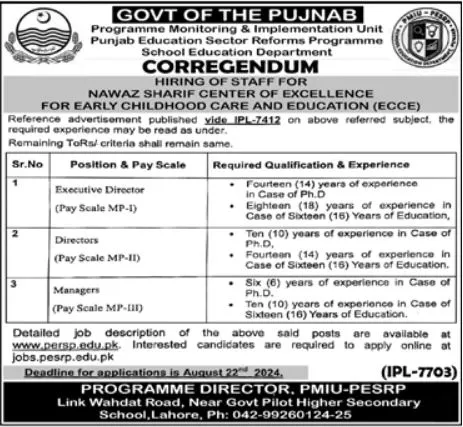 New Punjab Education Department Jobs in Lahore August Advertisement 2024