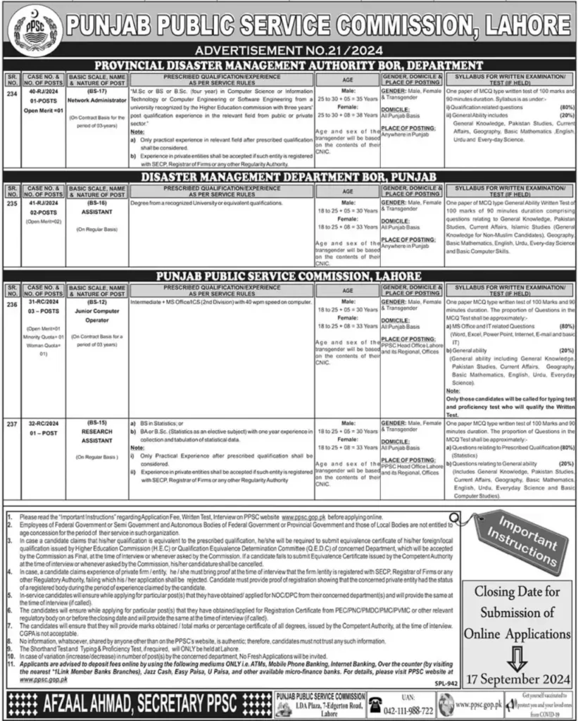 Punjab Public Service Commission PPSC Advertisement 21/2024 Lahore