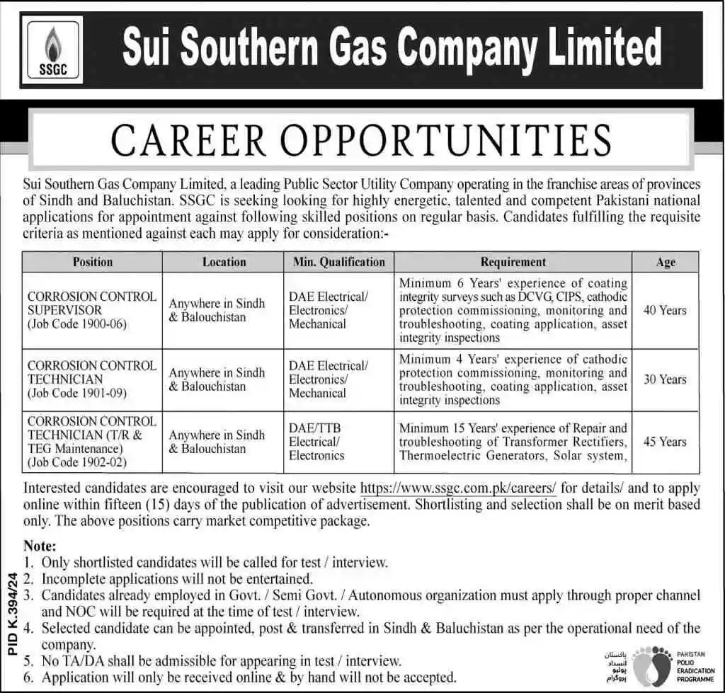 New Sui Southern Gas Company Limited SSGC Karachi Jobs August Advertisement 2024