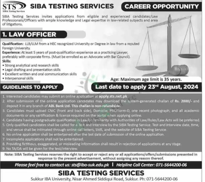 Latest SIBA Testing Service STS Jobs in Karachi August Advertisement 2024