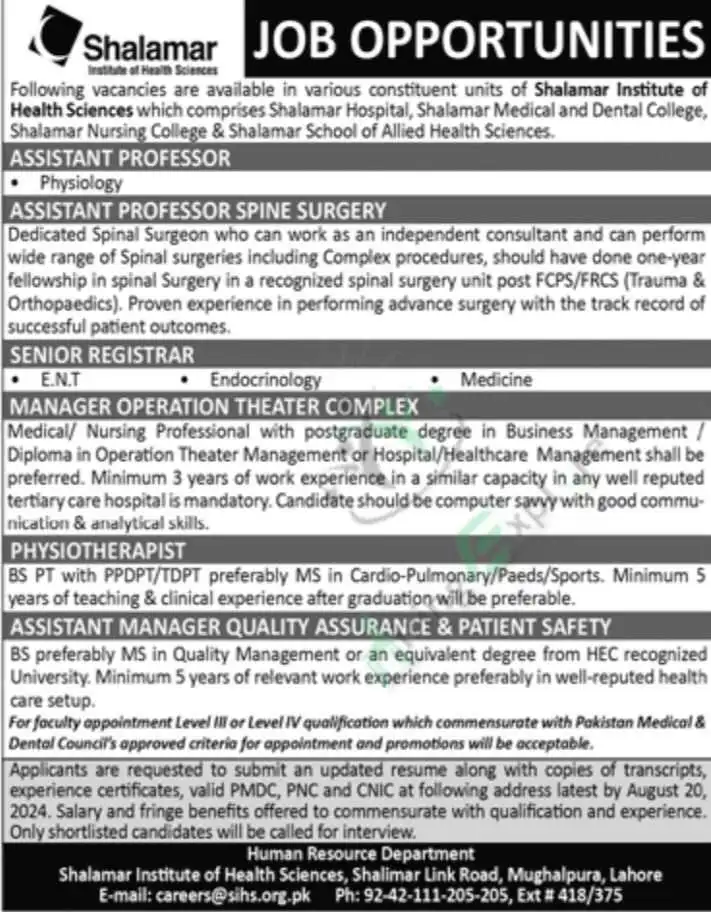 New Shalamar Institute of Health Sciences SIHS Lahore Jobs Advertisement August 2024