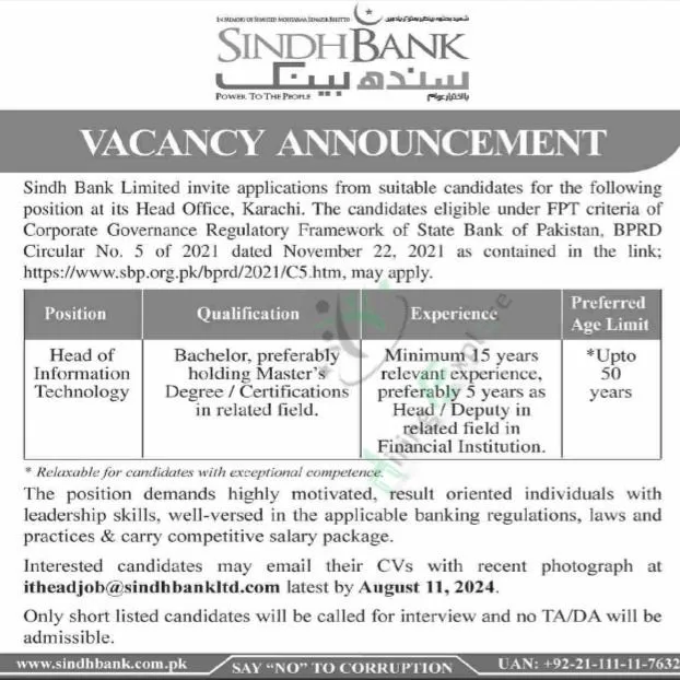 Latest Sindh Bank Jobs August Advertisement 2024