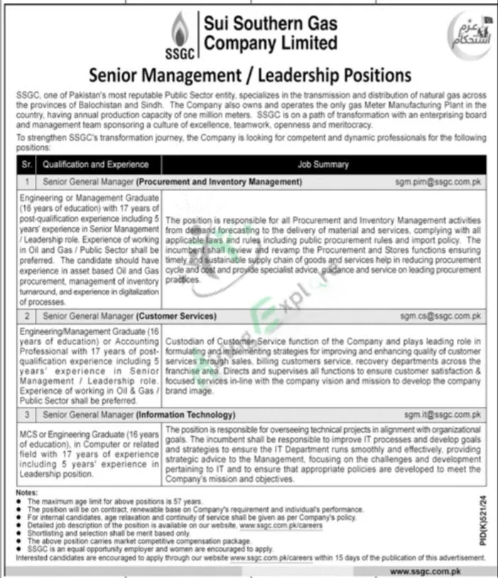 Sui Southern Gas Company Limited SSGC manager jobs August Advertisement 2024