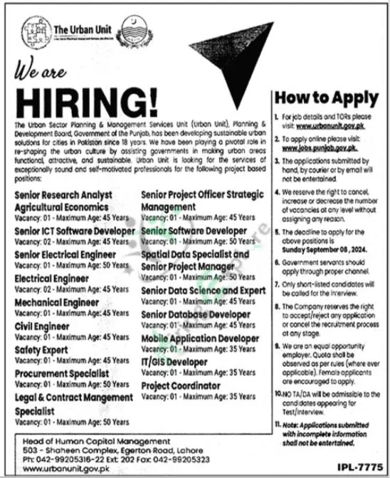 The Urban Unit Management Jobs in Lahore August Advertisement 2024