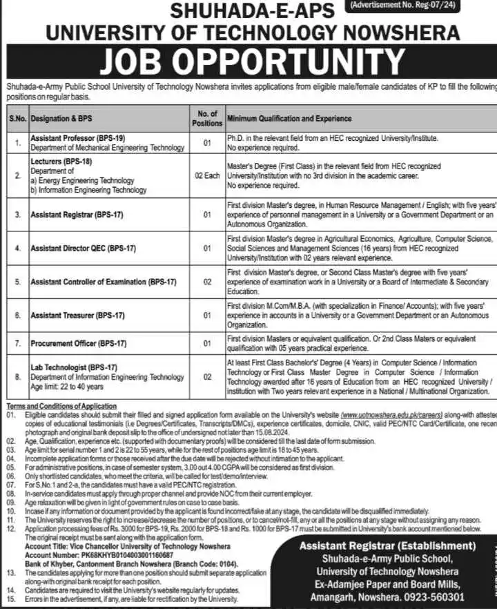 University of Technology UET Nowshera Jobs August Advertisement 2024