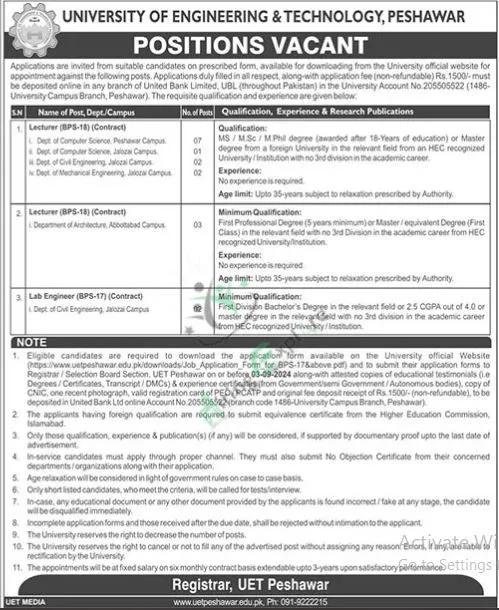 Latest Education Vacancies at University of Engineering and Technology UET Peshawar Jobs August 2024 Advertisement