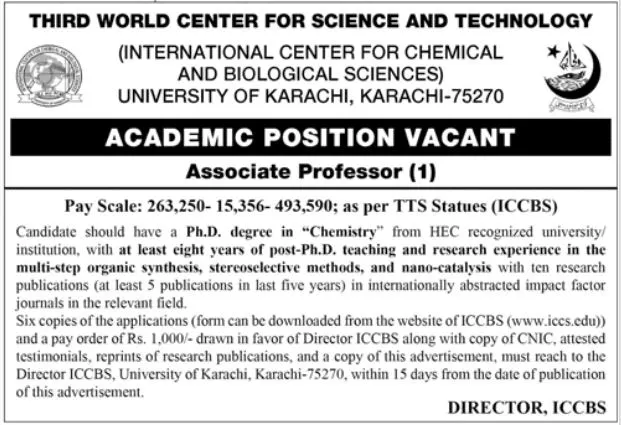 New University of Karachi ICCBS Jobs August advertisement 2024