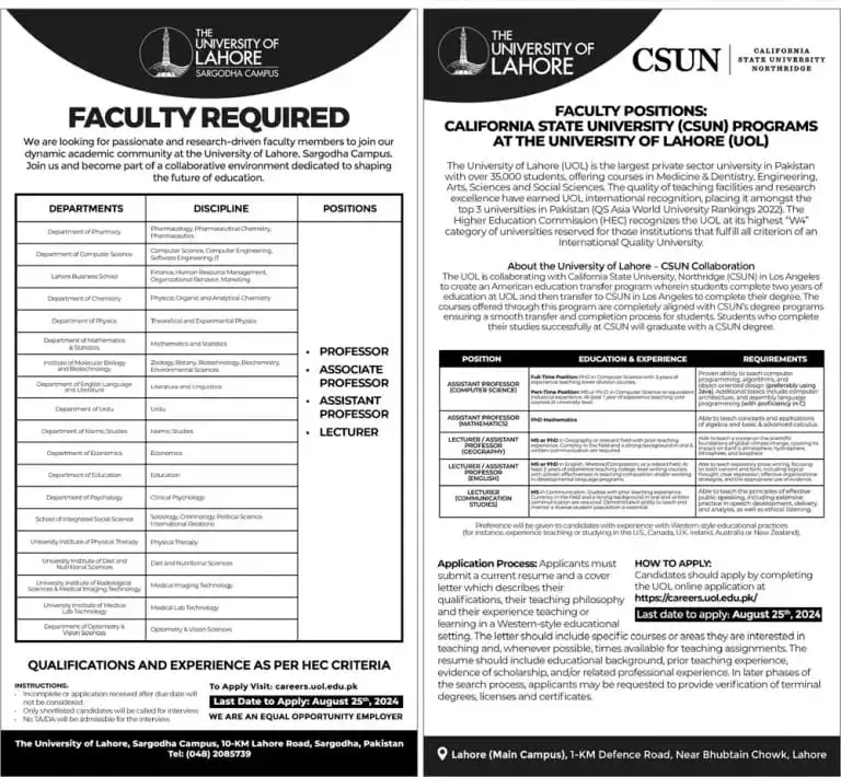 The University of Lahore Education Jobs August Advertisement 2024