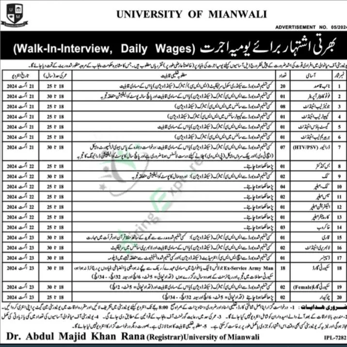 New University of Mianwali UMW Jobs August 2024 Advertisement